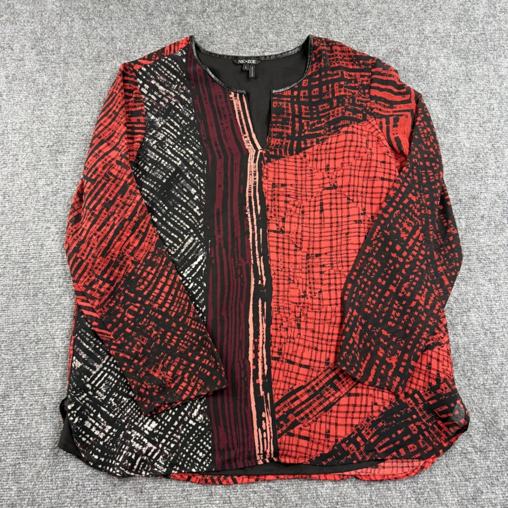 NIC+ZOE Blouse L Red Black Abstract Geometric Faux Leather Trim Women